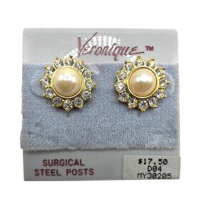 Crystal Stud Earrings vtg Gold-Tone faux Pearl Veronique new old stock jewelry